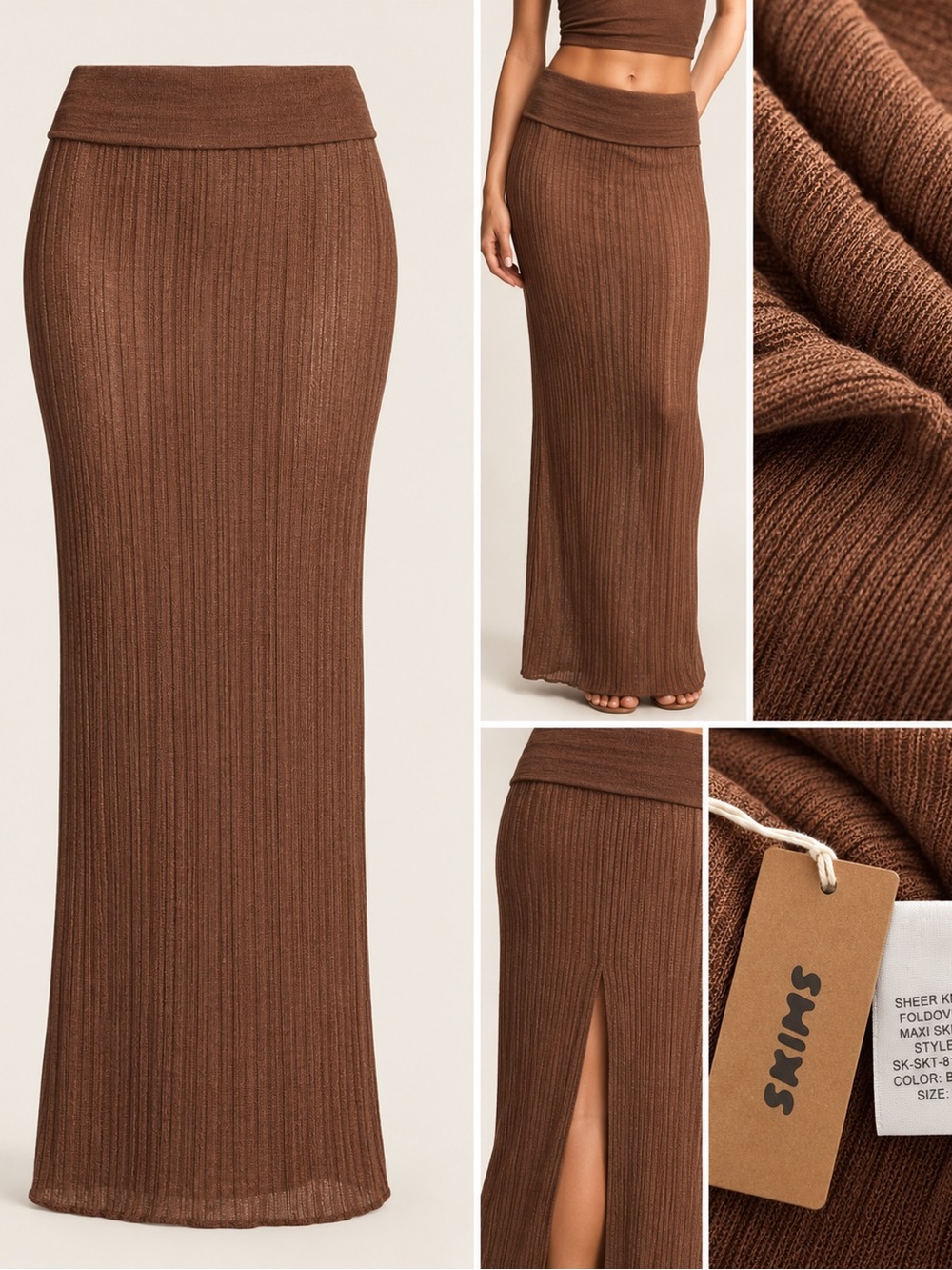 🤎 SKIMS Sheer Knit Foldover Maxi Skirt – Bison | Size M | NWT